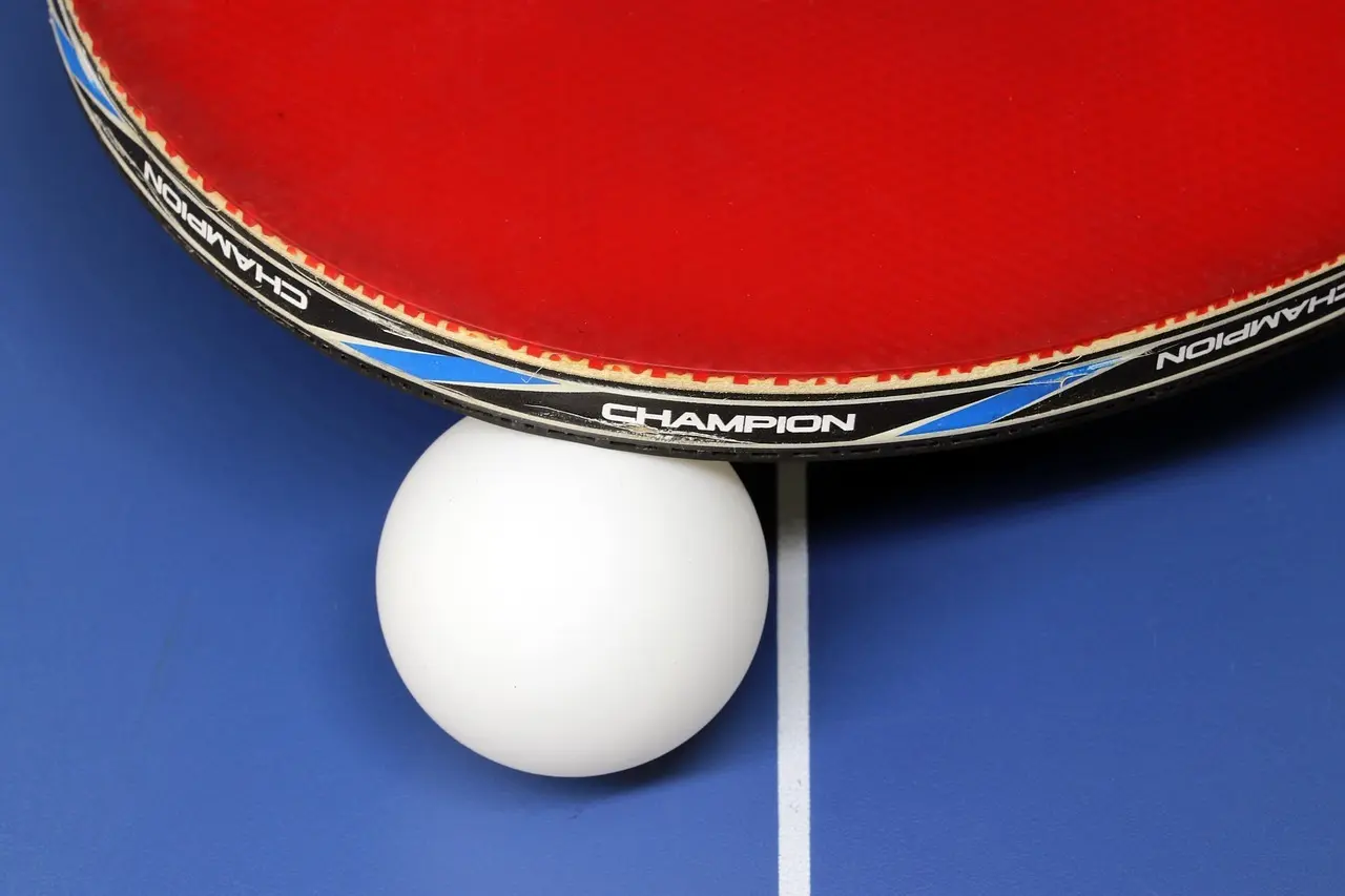Rød bordtennisbat og hvid bold