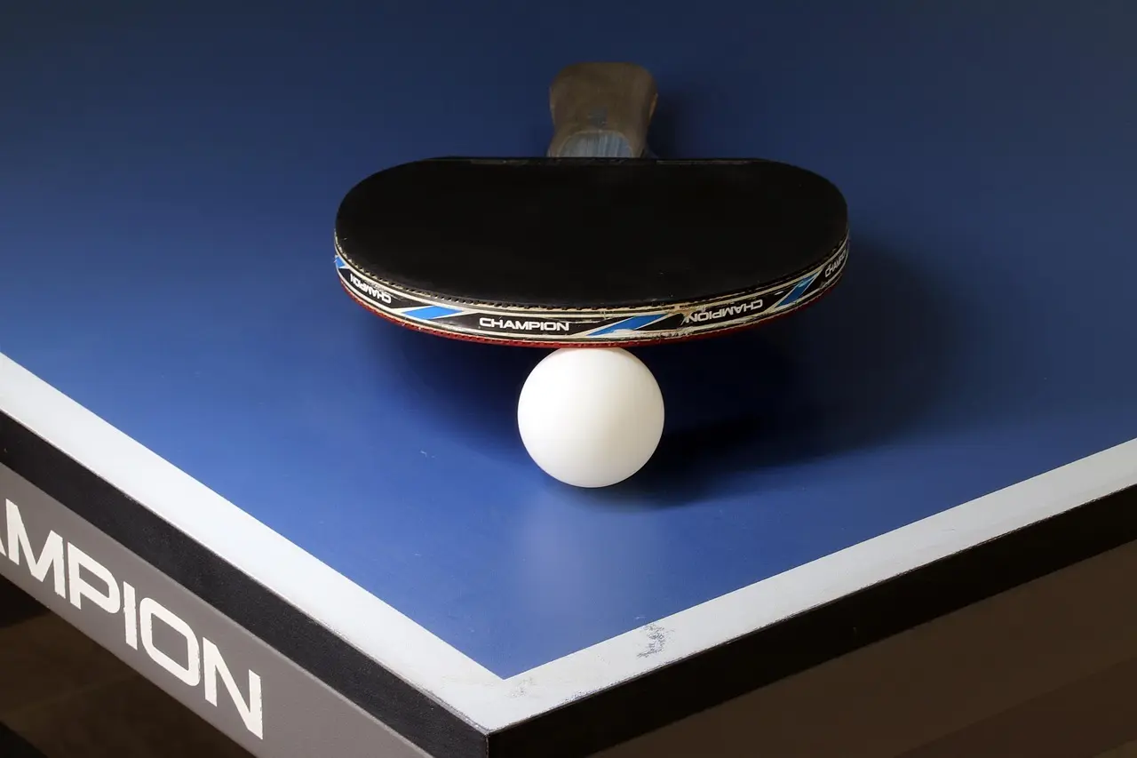 Bordtennisbat og bold på bord